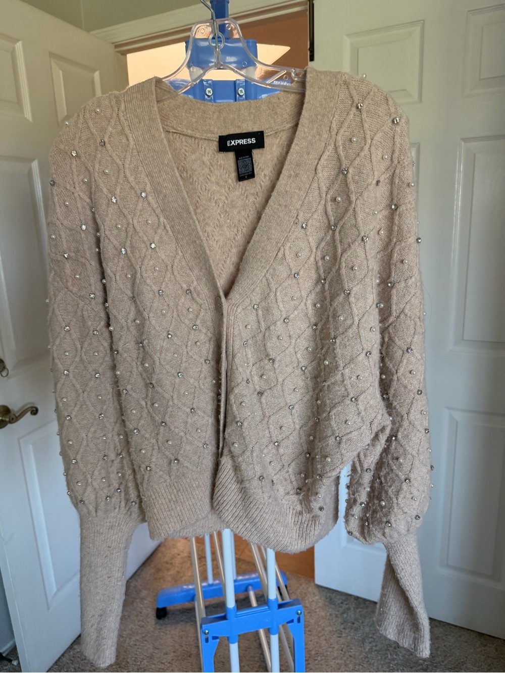 Express Beige Beaded Cable Cardigan Sweater
